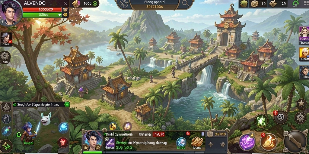 Screenshot utama ALVENDO menampilkan aksi strategi dan pembangunan kerajaan.