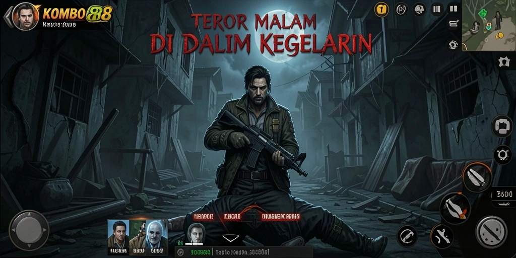 Screenshot gameplay KOMBO88 menampilkan suasana Horror yang gelap dan mencekam.