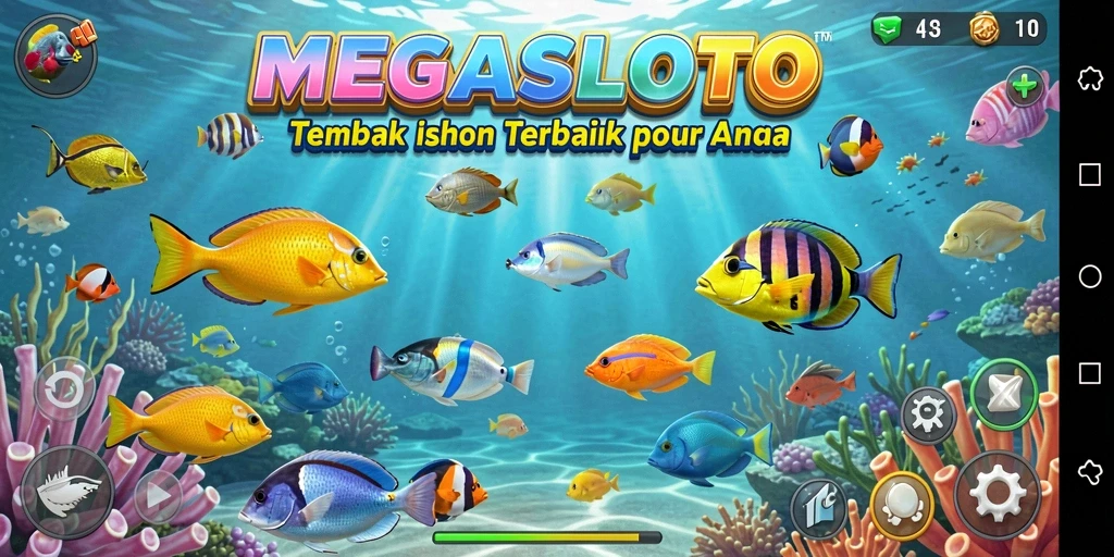 Tampilan gameplay yang seru di MEGASLOTO saat menembak ikan.